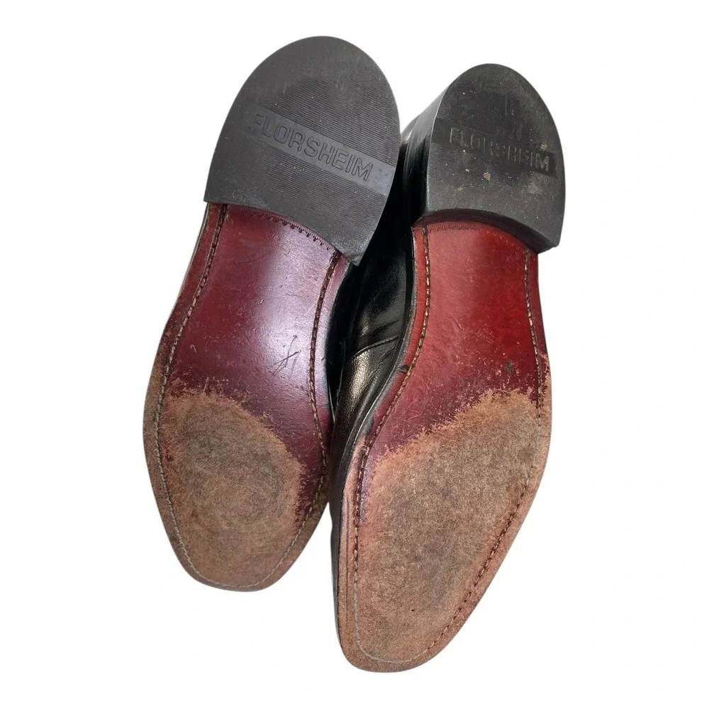 Florsheim 9.5 D Black Leather Loafers Braided Strap Apron Toe Dress Shoes 23258‎